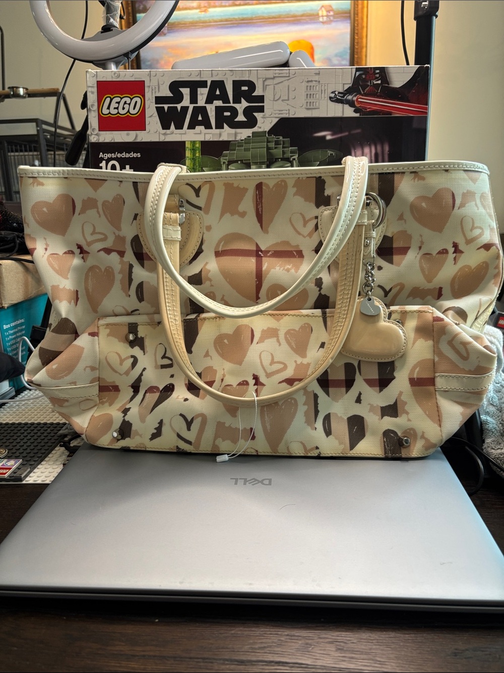 Burberry Cream Tote with Tan Heart Motif